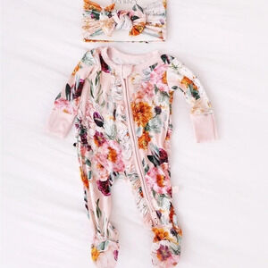 Baby Girl Bamboo Pajamas Newborn-12m Pink Floral Zipper Soft Sleeper set NWT